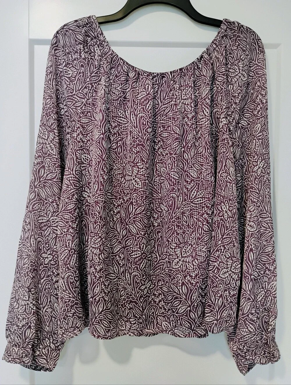 NWT XL Ann Taylor LOFT Purple And White V-Neck Floral Long Sleeve Blouse NEW